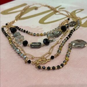 Gold Multi-Strand Lariat Necklace with Black and Gray Lead Glass Beads